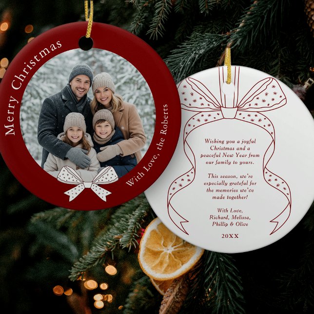 Unique Bow Christmas Ball Ball Red Photo Ceramic Ornament (Elegant whimsical bows red and white photo Christmas ornament)