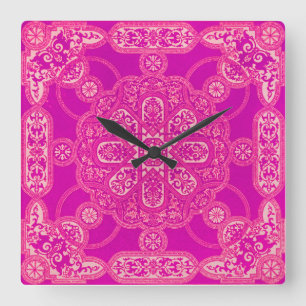 Unique Bright Colourful Pink Purple Ornate Pattern Square Wall Clock
