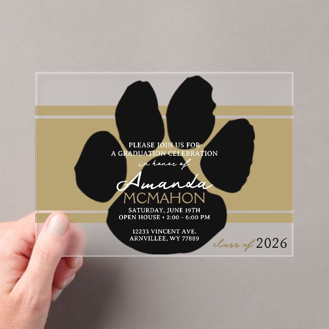 Unique Bronze Gold & Black Graduation Pawprint Acrylic Invitations (Insitu (Handheld))