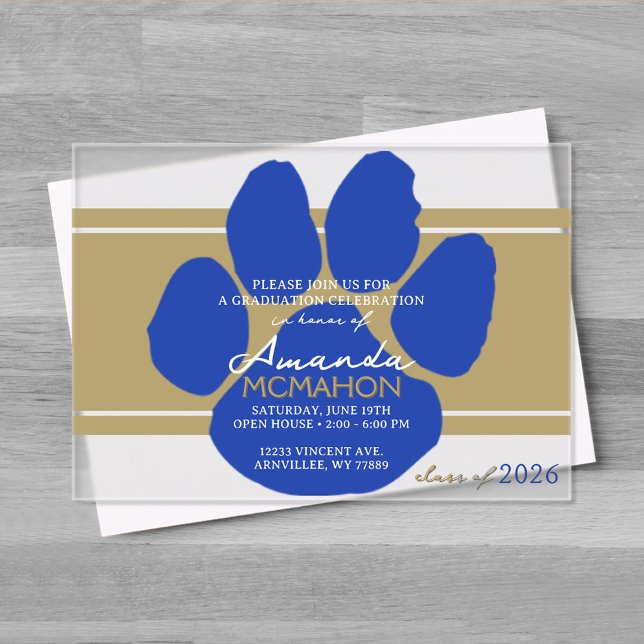 Unique Bronze Gold & Blue Graduation Pawprint Acrylic Invitations (Blue and Bronze Gold Frosted Acrylic Pawprint Graduation Invitation)