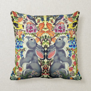 Unique Bunny Rabbit Bird Floral Jacobean Exotic Throw Pillow
