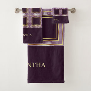 Unique Burgundy And Gold Repeat Squares Name Bath Towel Set