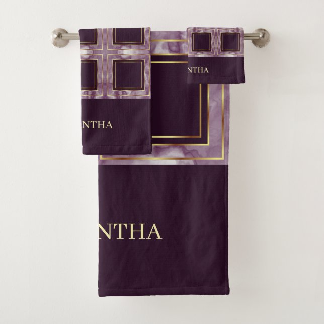 Unique Burgundy And Gold Repeat Squares Name Bath Towel Set (Insitu)