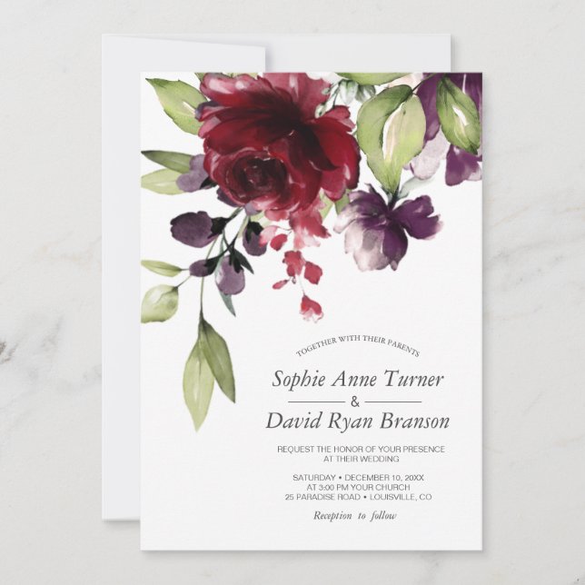 Unique Burgundy Purple Watercolor Flowers Wedding Invitation (Front)