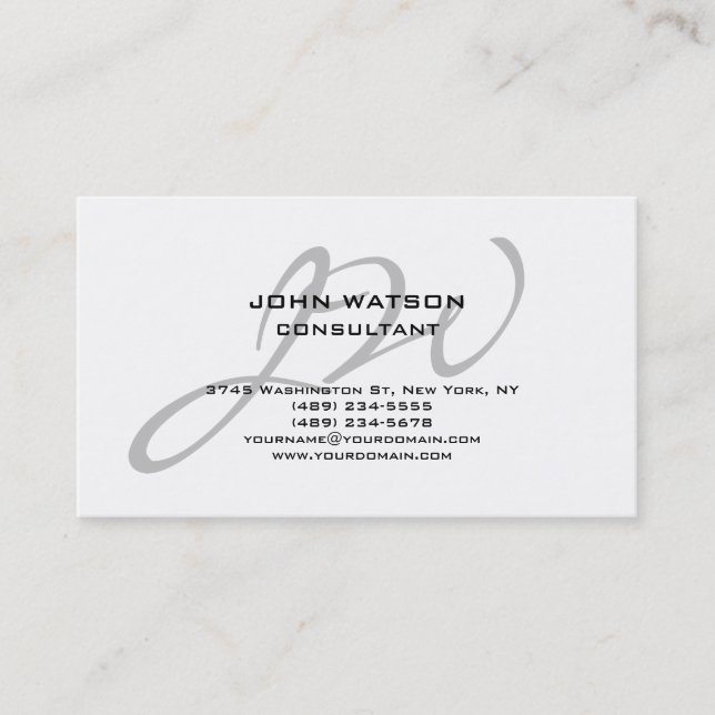 Unique Calligraphy Grey Monogram White Classic Business Card (Front)