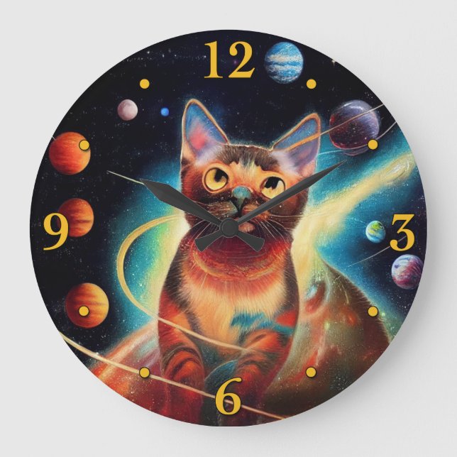 Unique Cat in Space Coloured Pencil Painting Large Clock (Front)