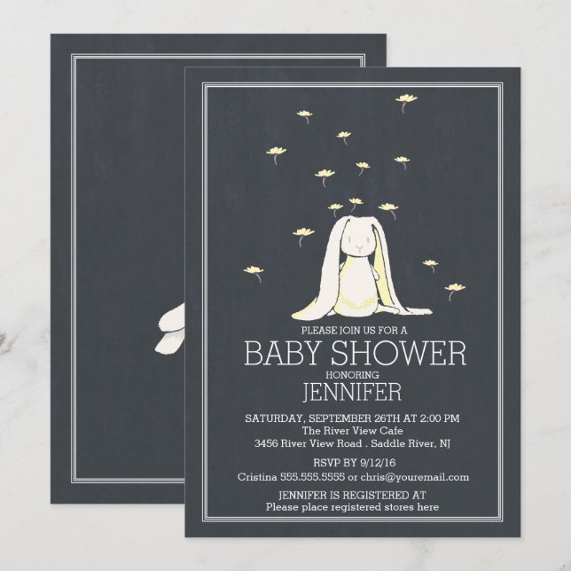 Unique Chalkboard Yellow Neutral Bunny Baby Shower Invitation (Front/Back)