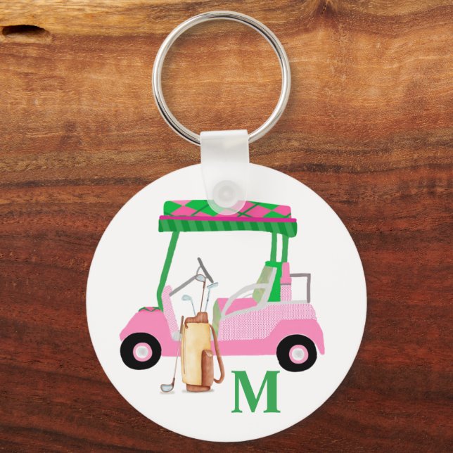 Unique Charming Golf Cart with Clubs Monogram   Keychain (Front)