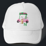 Unique Charming Pink Golf Cart Clubs Monogram   Trucker Hat<br><div class="desc">A charming unique golf cart -- pink and green -- tastefully done -- ready to run the course -- hat --This is a great gift for all golf lovers -- fun / attractive / unique. Personalize it with your/her initials/monogram. If you have any design questions or a special request, please...</div>