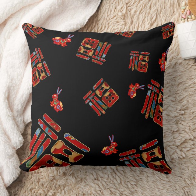 Unique Chinese Character 福 Blessings Rabbits Year  Throw Pillow (Blanket)