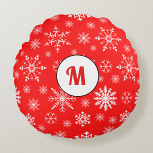 Unique Christmas decor gift for her monogram red Round Pillow