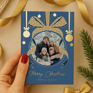Unique Christmas Ornament Ribbon Bow Photo Blue Foil Holiday Card