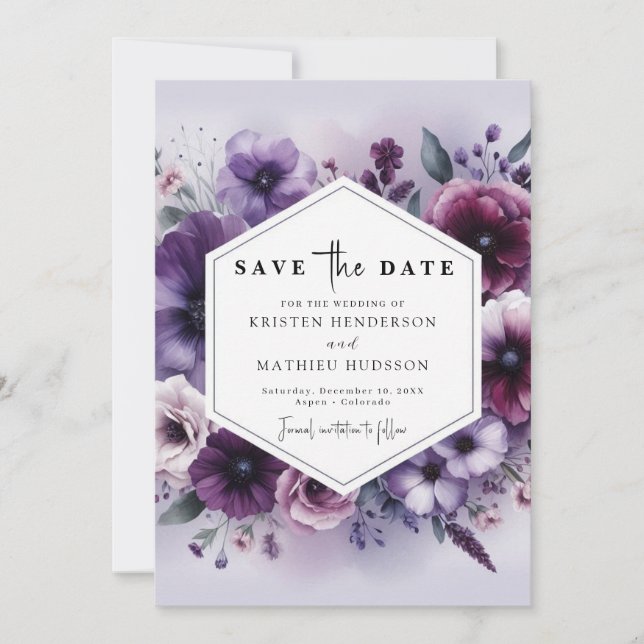 Unique Classic Purple Floral Wedding Save The Date (Front)