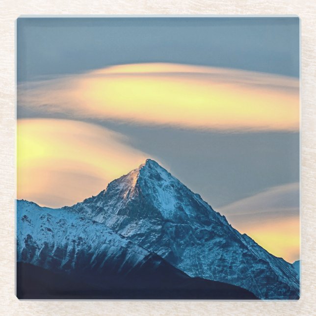 Unique Clouds Over Snow Covered Mountains Glass Coaster (Front)