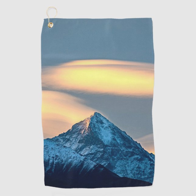 Unique Clouds Over Snow Covered Mountains Golf Towel (Front)