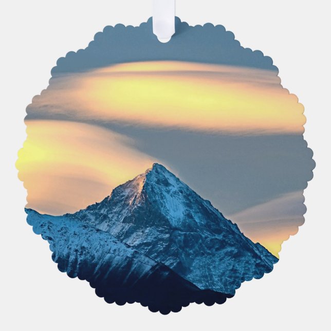 Unique Clouds Over Snow Covered Mountains Ornament Card (Front)