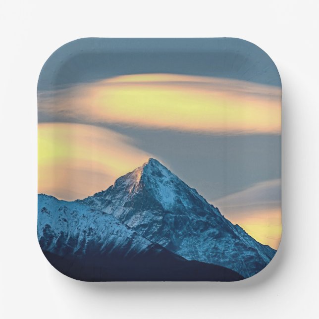 Unique Clouds Over Snow Covered Mountains Paper Plate (Front)