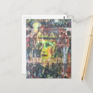 Unique colorful vintage face grunge mixed media postcard