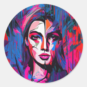 Unique Colourful Abstract Lady Face Painting Classic Round Sticker