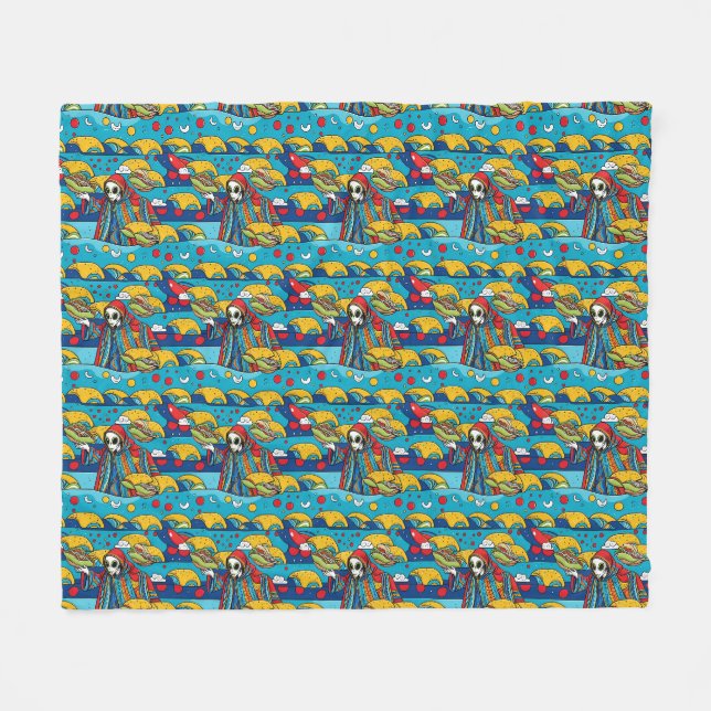 Unique Colourful Alien eating Tacos Fleece Blanket (Front (Horizontal))