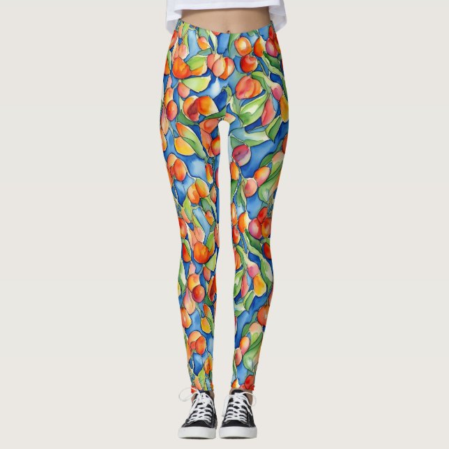 Unique Colourful Apricot Fruits Summer Watercolor Leggings (Front)