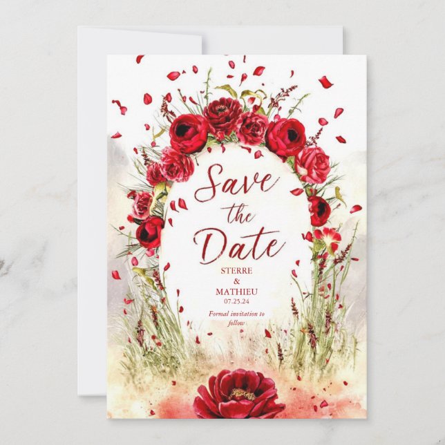 Unique Colourful Crimson Red Roses Wedding Save The Date (Front)