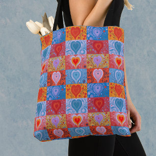 Unique Colourful Heart Love Patchwork Pattern Tote Bag