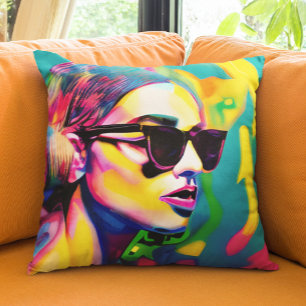 Unique Colourful Lady in Sunglasses Art Throw Pillow