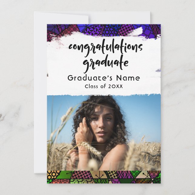 Unique Colourful Pattern Photo Grad Announcement (Front)