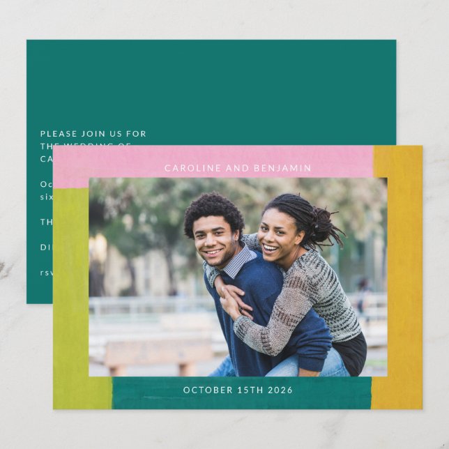 Unique Colourful Shapes Trendy Couple Photo Weddin Invitation (Front/Back)