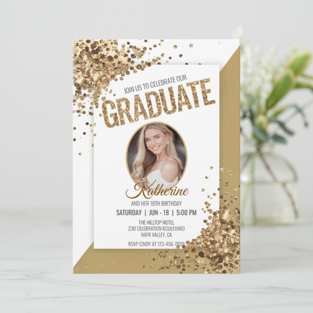 Unique Confetti Sparkling Birthday Graduate Photo Invitation (Standing Front)