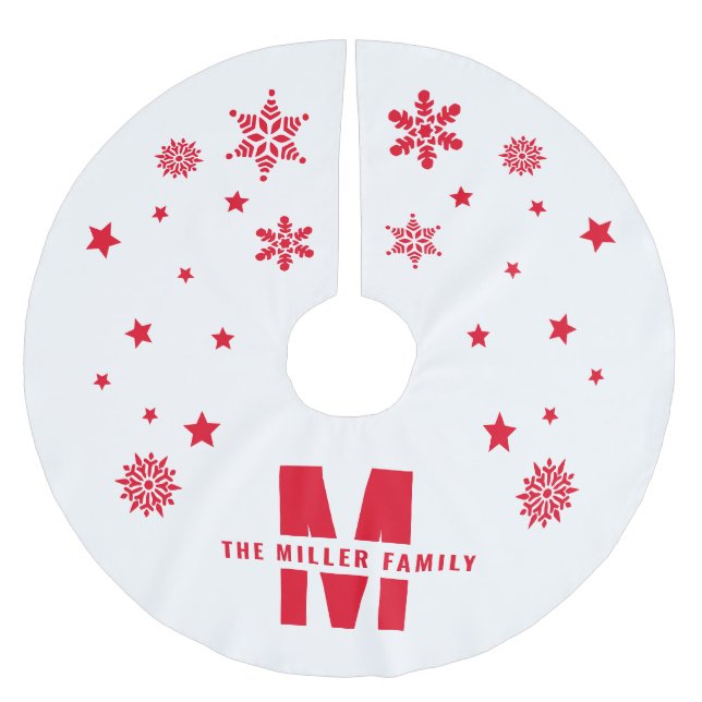 Unique Custom Family Name Template White Red Stars Brushed Polyester Tree Skirt (Front)