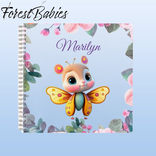 Unique Cute Girl Butterfly with Pink Flowers Notebook (Butterfly Girl, Customizable Pink Floral ForestBabies Notebook - Front)