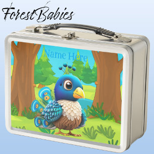 Unique Cute Whimsical Peacock Bird Cartoon Graphic Metal Lunch Box