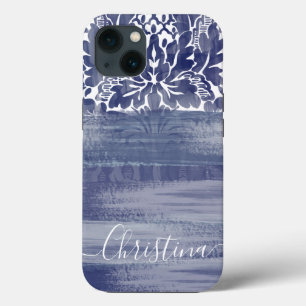 Unique Damask Blue & White Artsy Brushstrokes  iPhone 13 Case