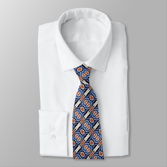 Unique Dark Blue Orange Brown Black Tribal Art Tie (Tied)