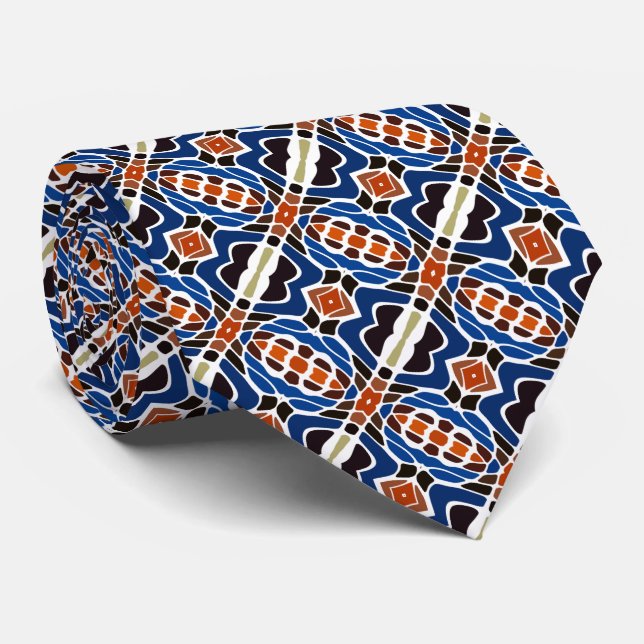 Unique Dark Blue Orange Brown Black Tribal Art Tie (Rolled)