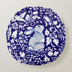 Unique Dark Blue & White Rabbit Dedham Delft Round Pillow