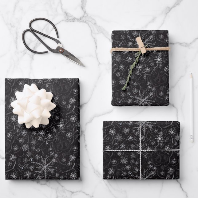 Unique Dark Snowflake Fractal & Neuron Design Wrapping Paper Sheet (Front)