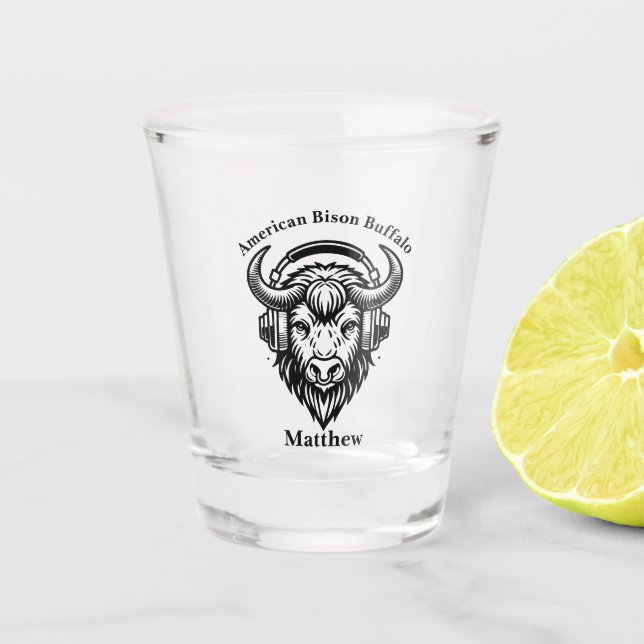 Unique Design of a Bison Wearing Headphones Shot Glass (Front)