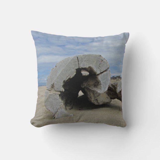 Unique Driftwood Rests on Pacific Coast Sand Beach Throw Pillow (Front)