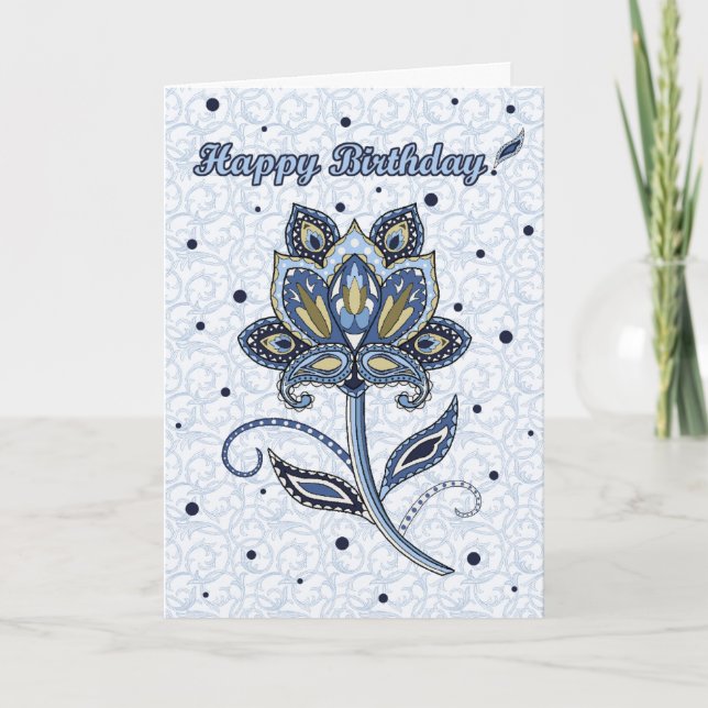 Unique Elegant Custom Floral Paisley Blue Birthday Card (Front)
