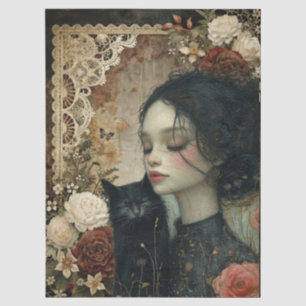 Unique Elegant Girl & Black Cat Floral Garden  Tissue Paper