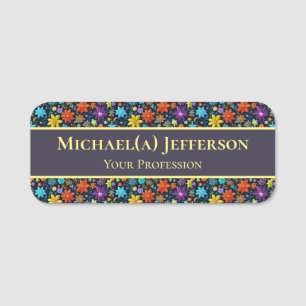 Unique Elegant Multicolored Flowers Pattern & Blue Name Tag