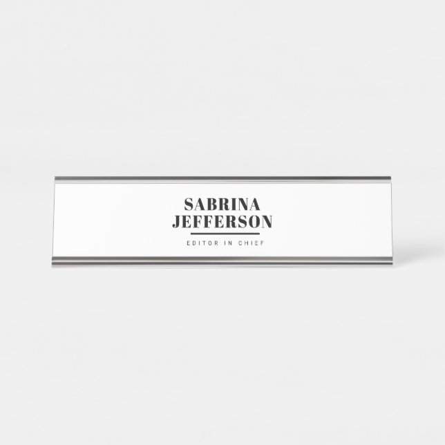Unique Elegant Plain Simple Black White Desk Name Plate (Front)