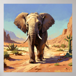 Unique Elephant in Desert Animal Painting Poster