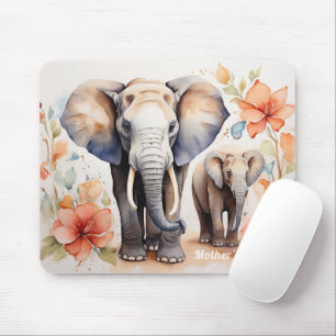 Unique Elephant Mother and Child Floral Watercolor Mouse Pad