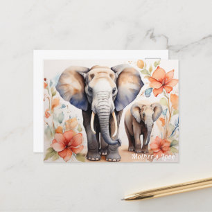 Unique Elephant Mother and Child Floral Watercolor Postcard