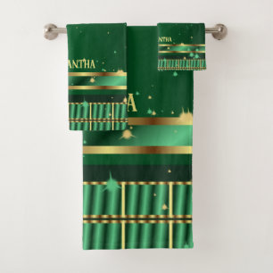 Unique Emerald Green And Gold Geometric Name Bath Towel Set