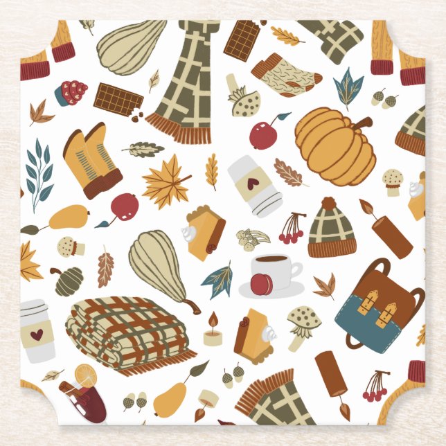 Unique Fall Leaves Autumn Pumpkins Paper Coaster (Front)
